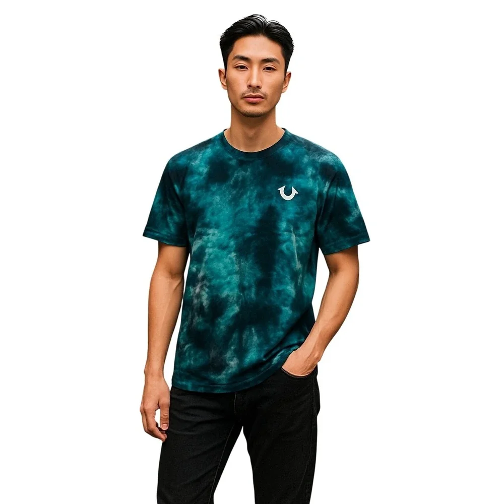 True Religion Teal Tie Dye T-Shirt Buddha Graphic Logo‎ Mens Medium